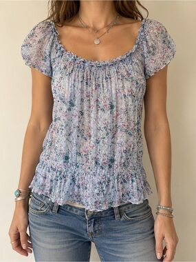 Vintage Nolita Floral Semi Sheer Crinkle Peasant Top S Cottagecore